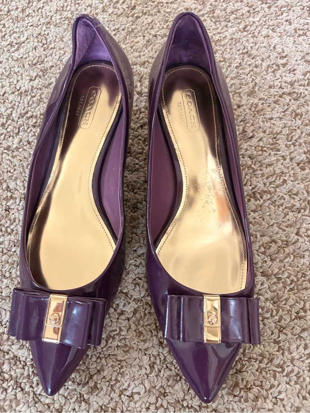 Coach Purple Patent Pointed-Toe Flats with Bow Accent